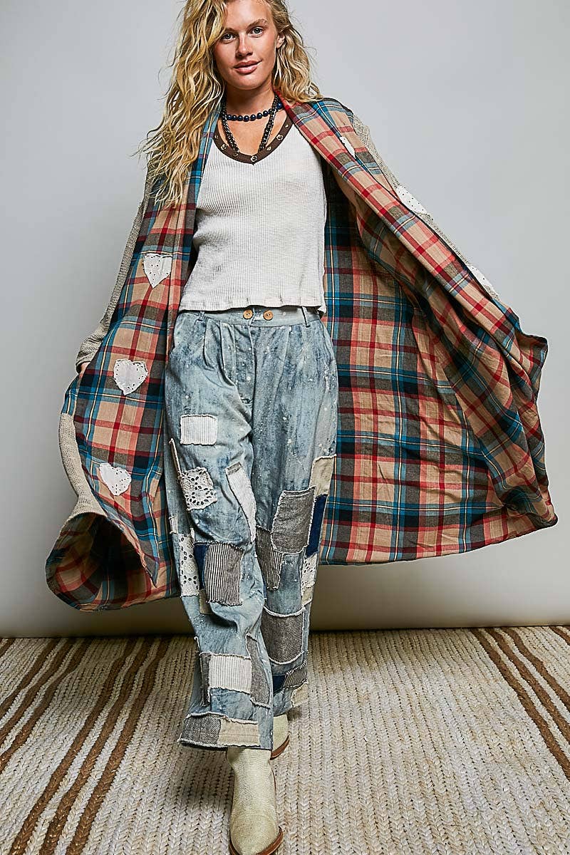 Heart Throb Plaid Textured Lace Heart Patch Woven Open Front Coat in Green