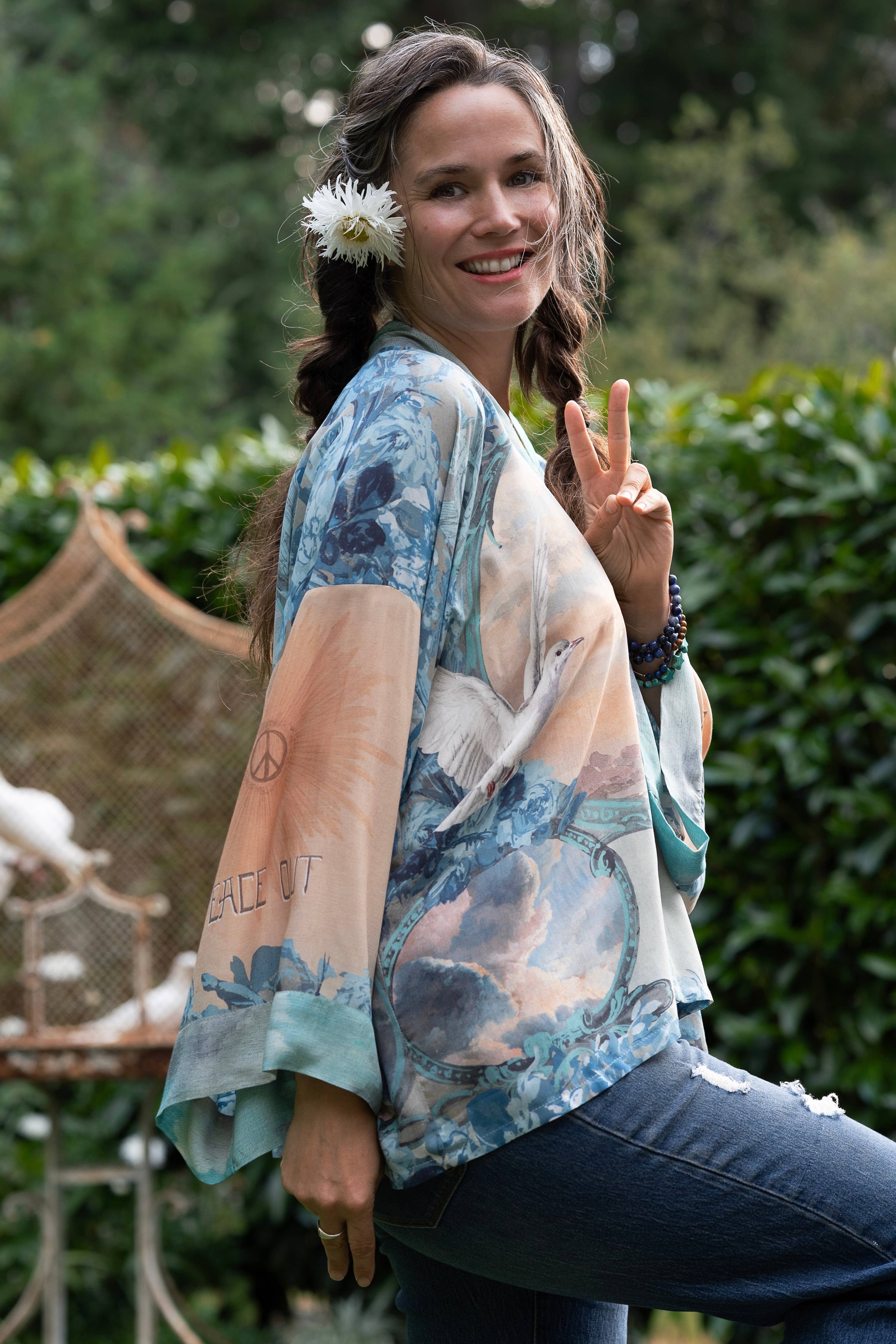 Peace Out Cropped Kimono Pixie Duster with Doves and Sunrise