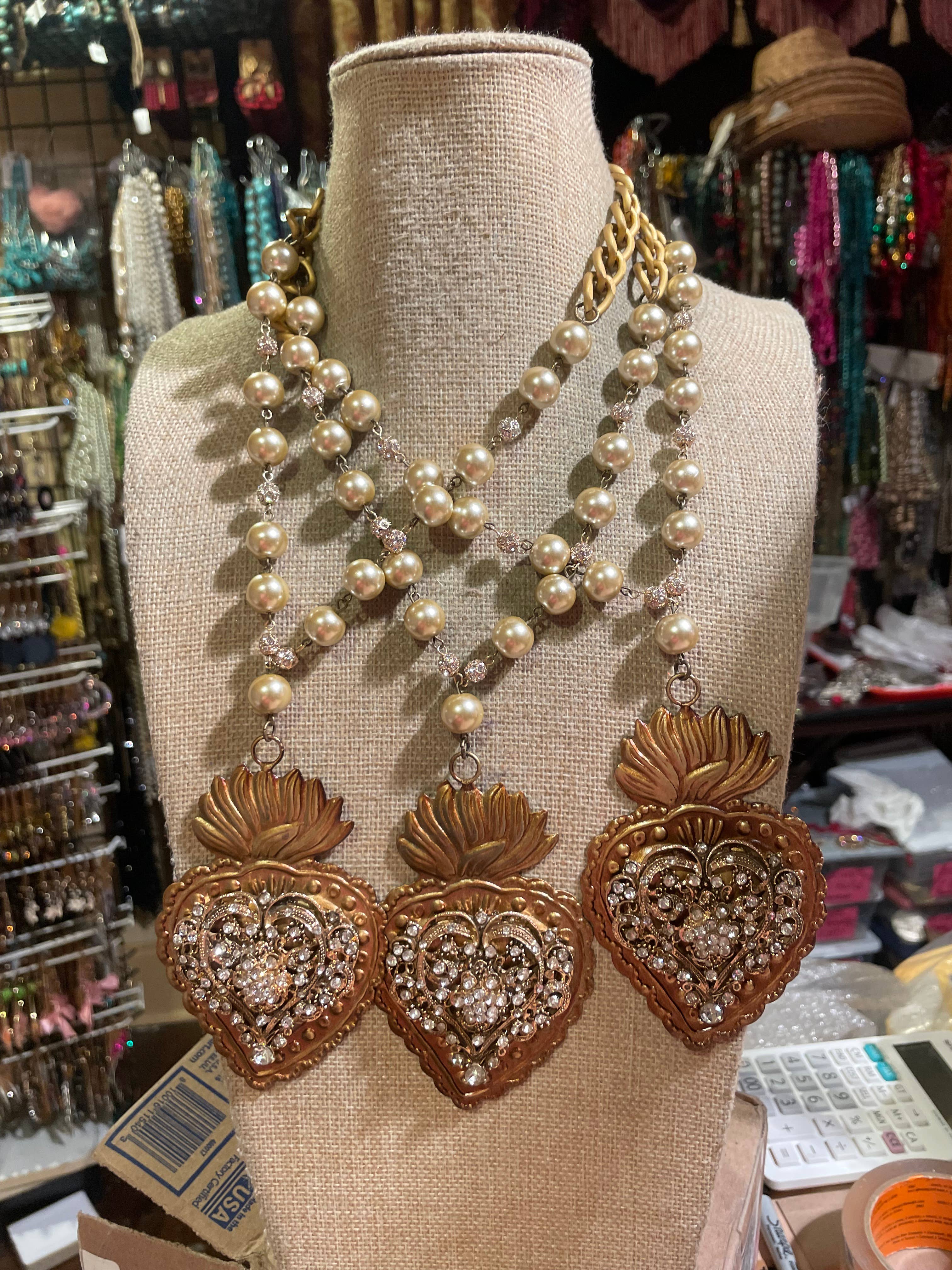 Sacred Heart Pearl Vintage Gold Inspired Necklace