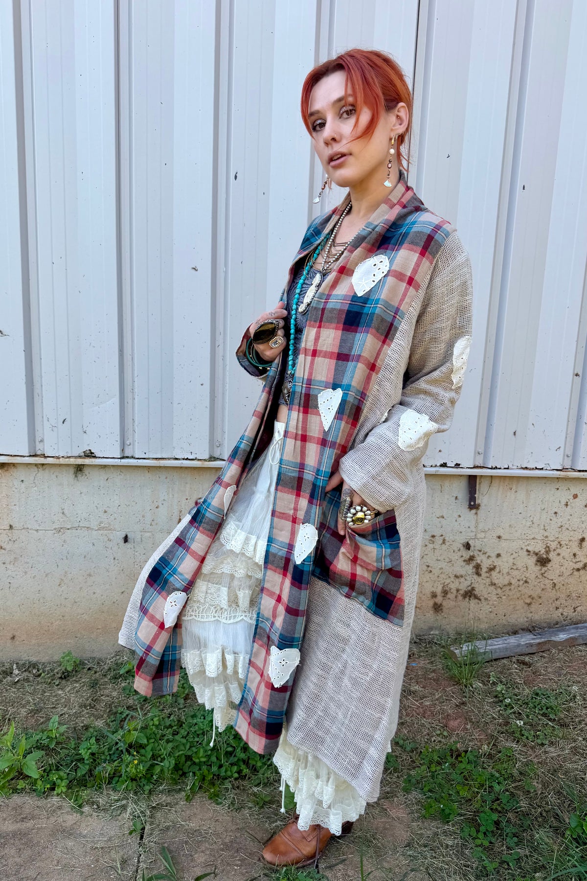 Plaid Textured Lace Heart Patch Woven Open Front Coat
