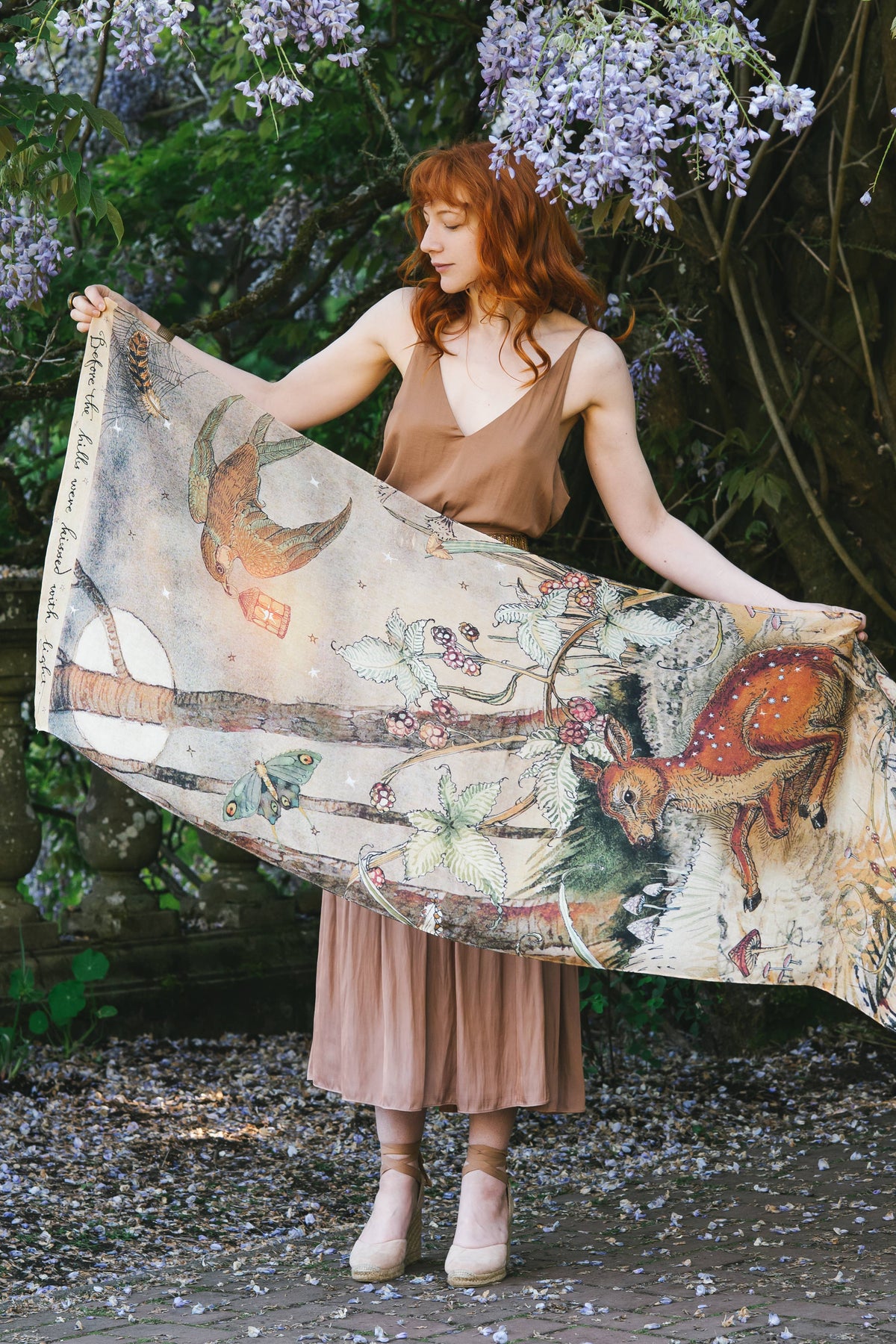 Preorder Ships in November - Lovelight Scarf with woodland deer, swallow & poetry