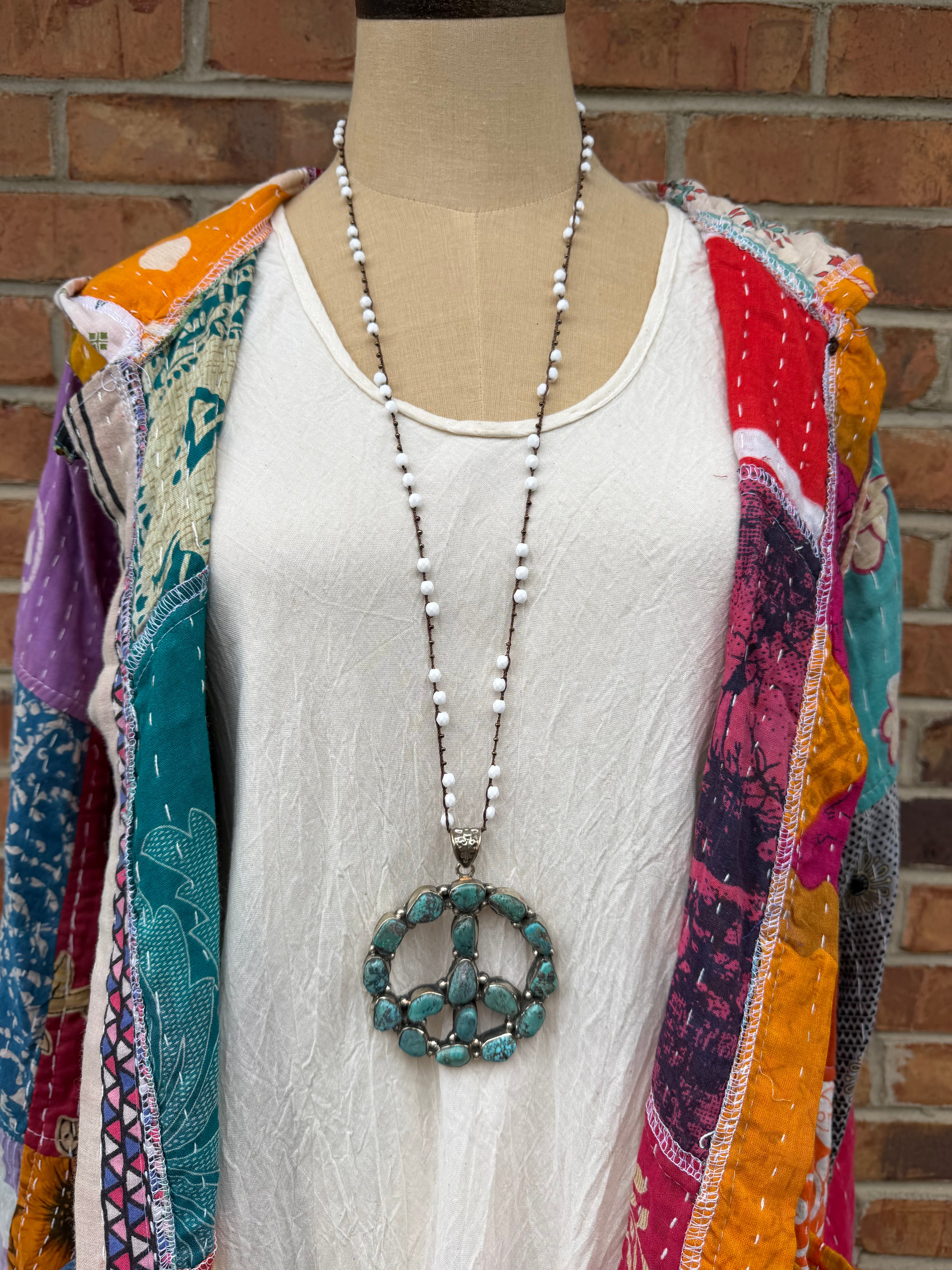 Peace Sign Necklace on Knotted Gemstone Chain