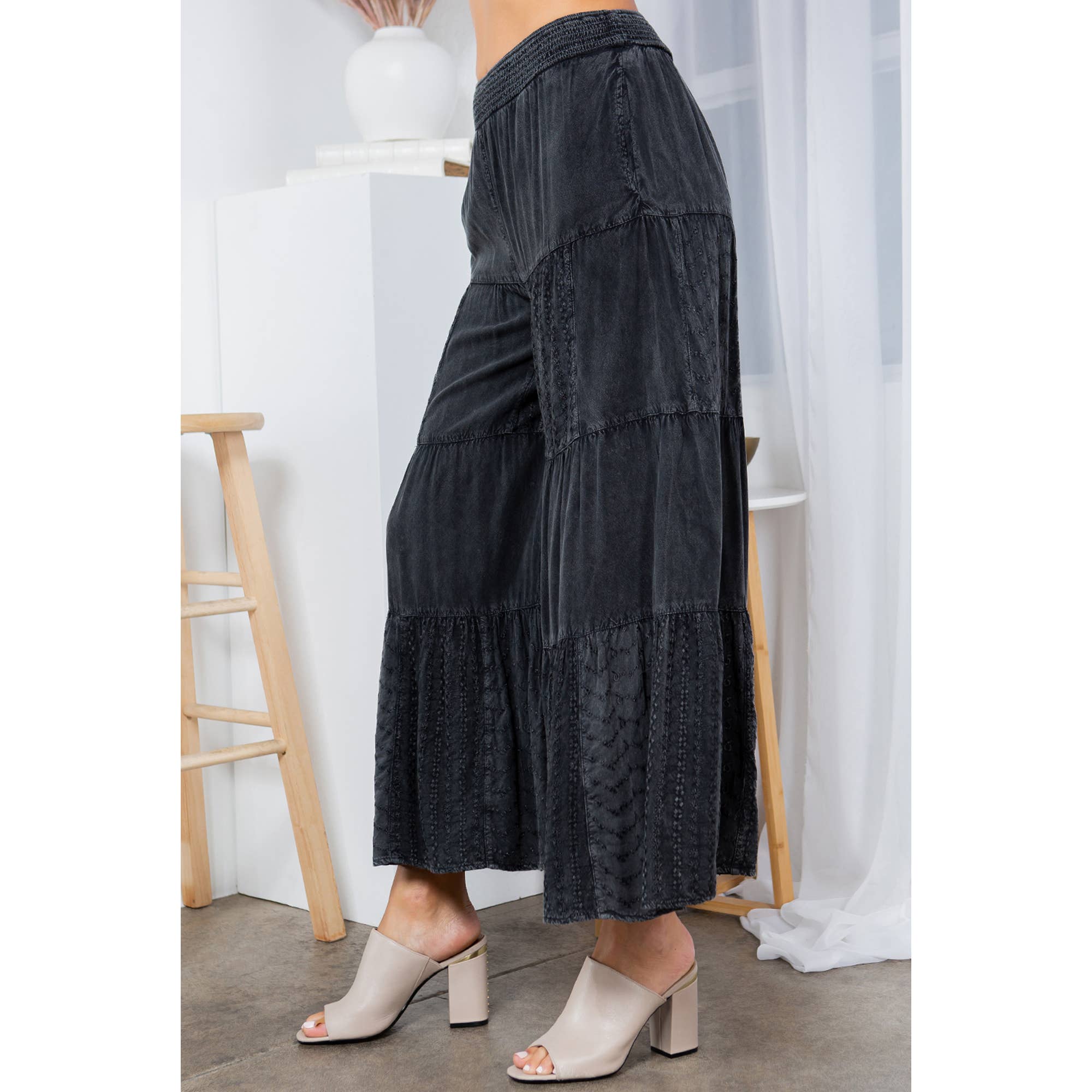 Embroidered Patchwork Tiered Flared Pants
