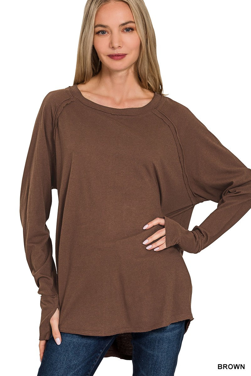 Cotton Raglan Sleeve Thumbhole Top in Brown