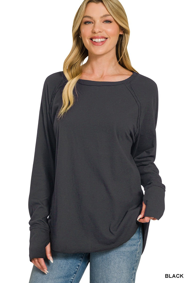 Cotton Raglan Sleeve Thumbhole Top In Black