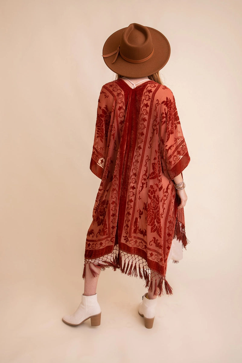 Victoria Velvet Burnout Mesh Tassel Kimono