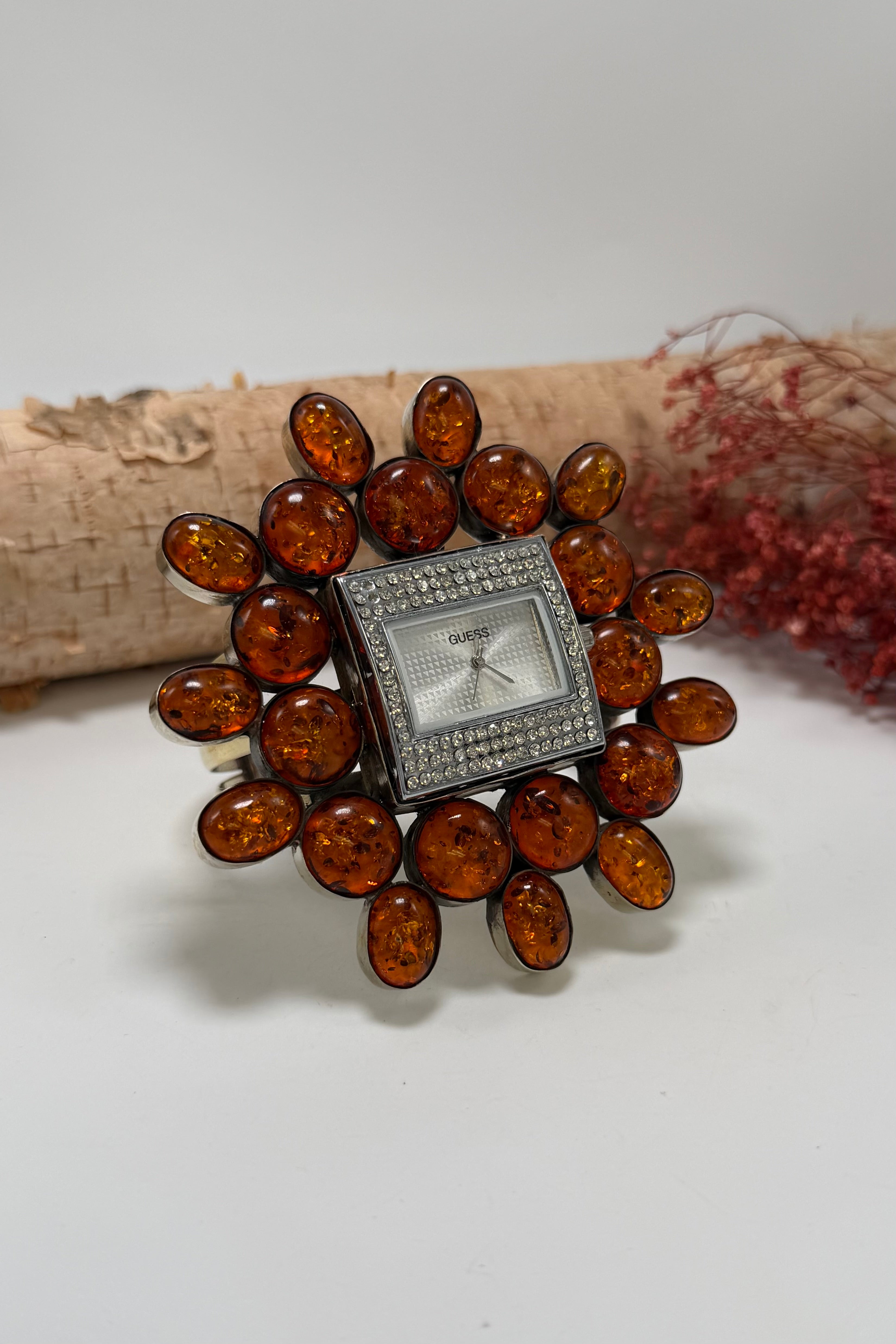 GUESS Bedazzled Watch Cuff/Orange Glitter Stone