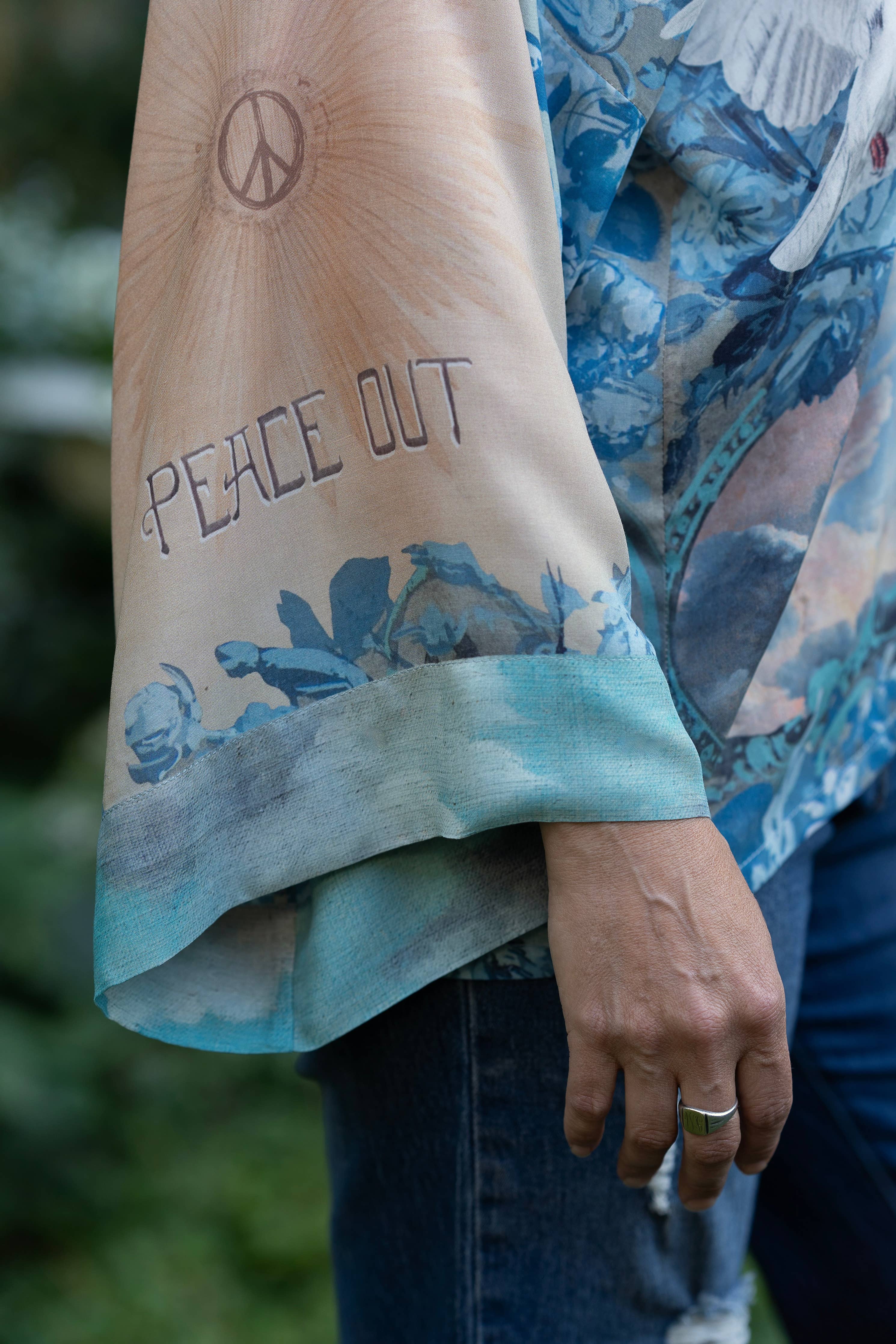 Peace Out Cropped Kimono Pixie Duster with Doves and Sunrise