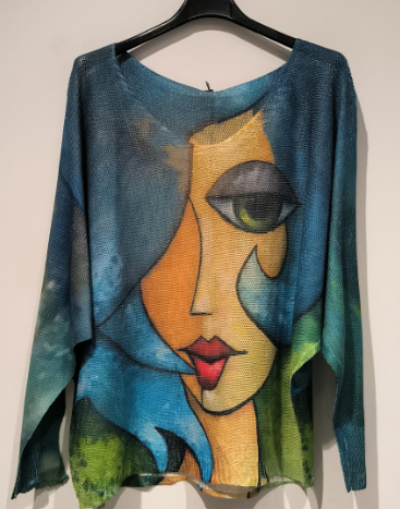 Blue " Picasso" Lady V-Neck Knit Printed Sweater
