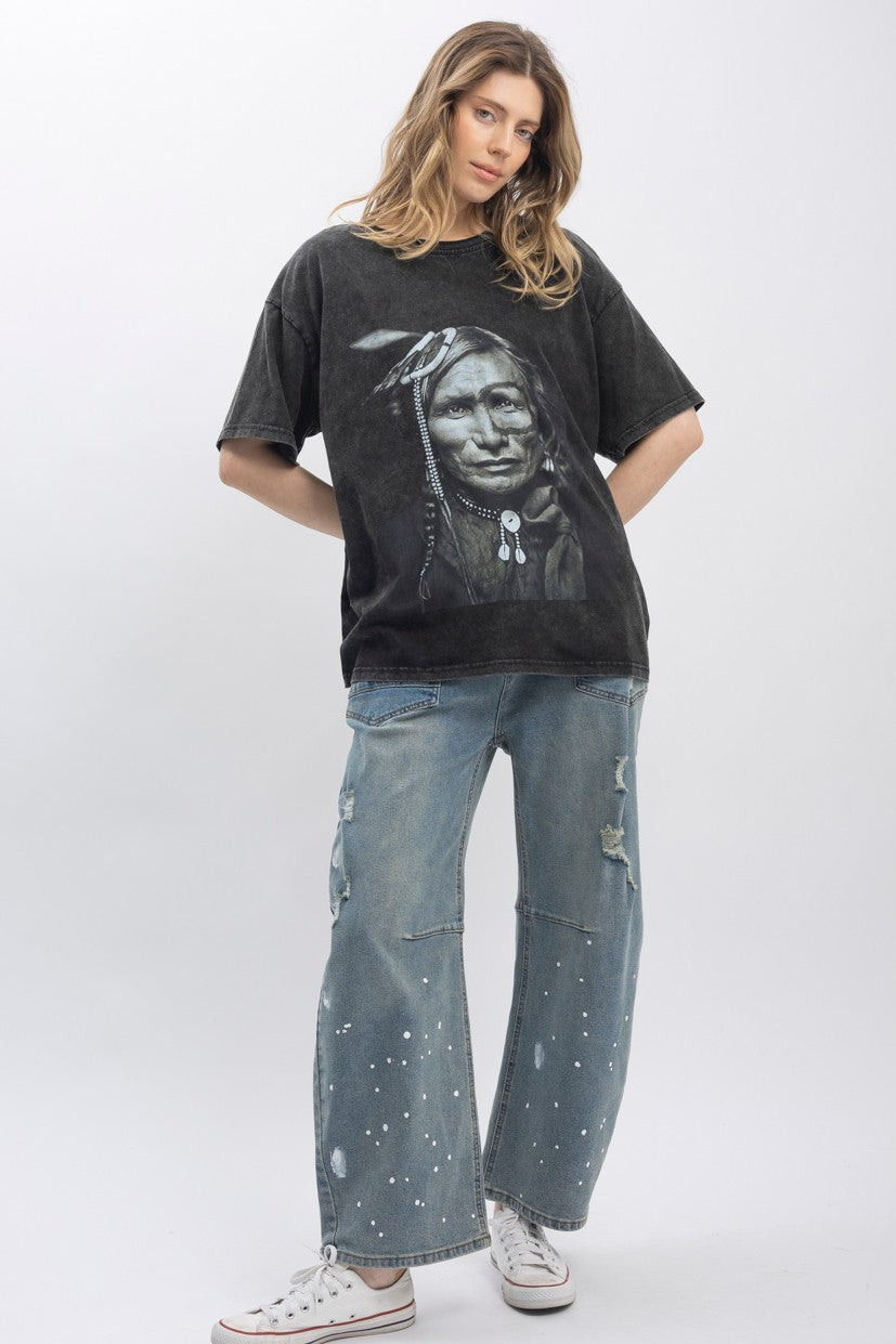 Indian Chief Print Washed Short Sleeve T-shirts