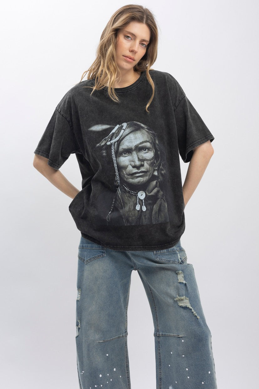 Indian Chief Print Washed Short Sleeve T-shirts
