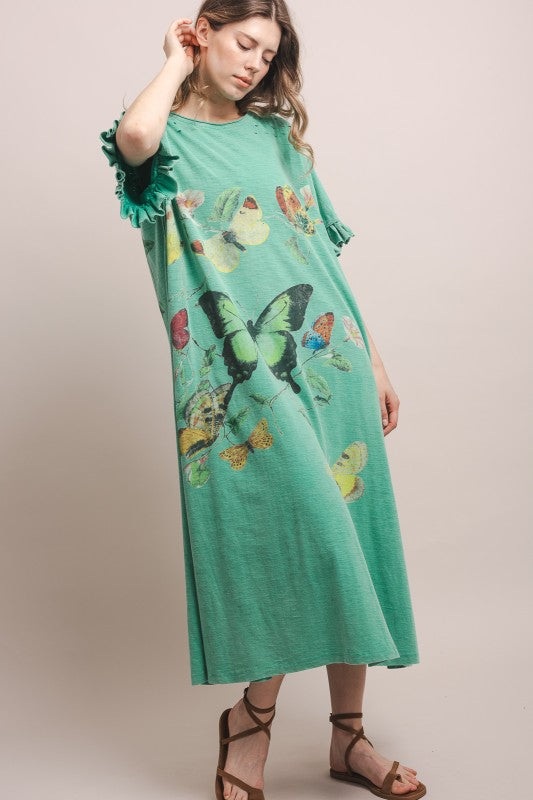 Butterfly Prance Midi Tunic Dress in Teal