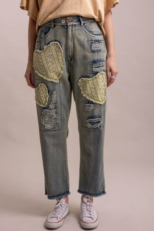Heart & Distress Patch Washed Denim Pants