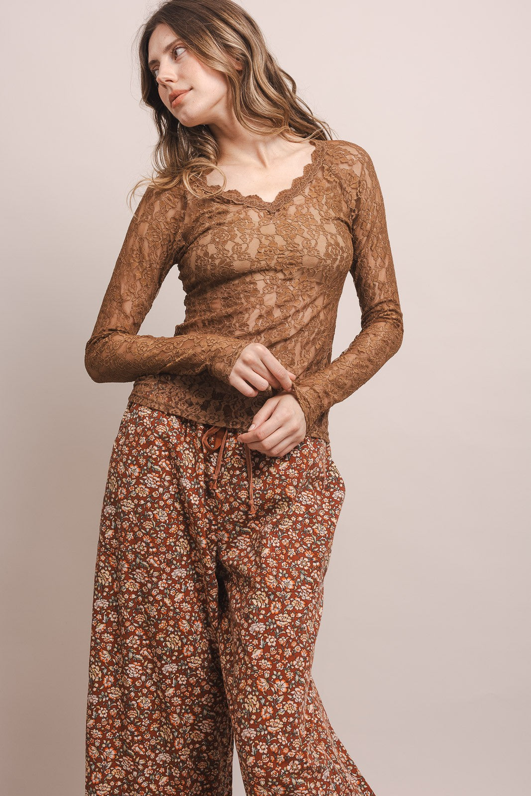 V Neck Long Sleeve Fitted Mesh Top