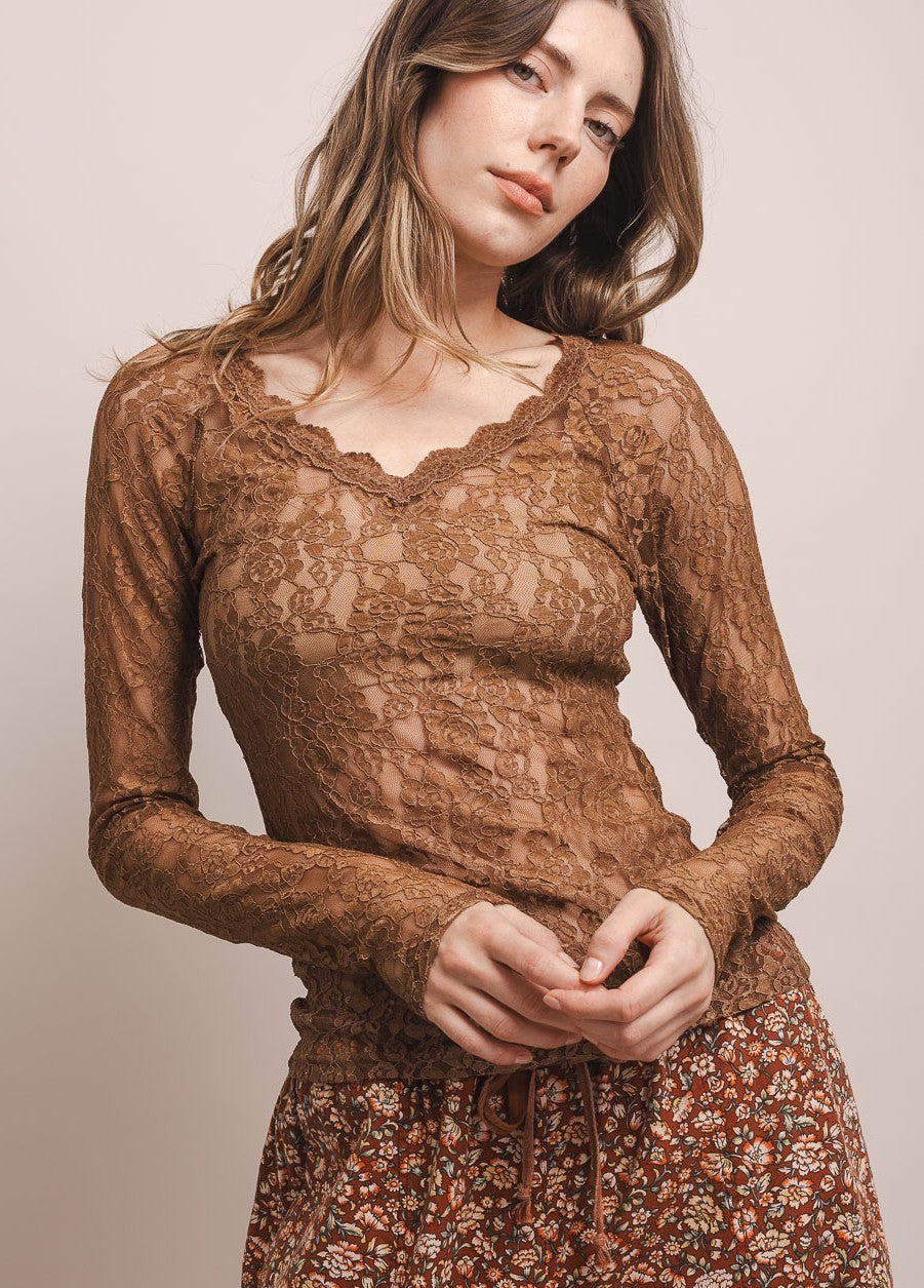 V Neck Long Sleeve Fitted Mesh Top