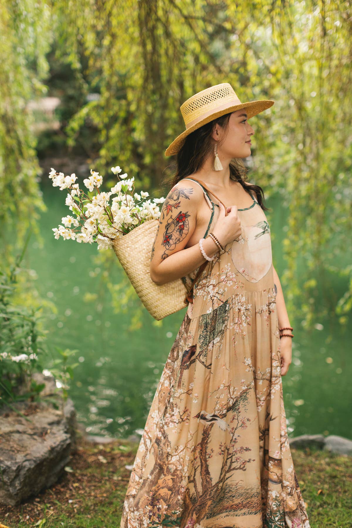 Fable Bohéme Long Maxi Slip Dress w/ Blossoms, Deer & Moon