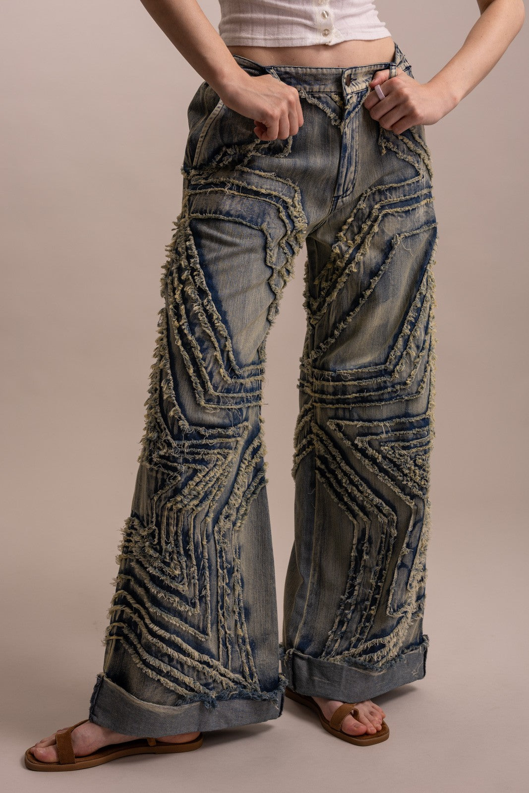 Stunner Wide Leg Denim Star Patched Pants