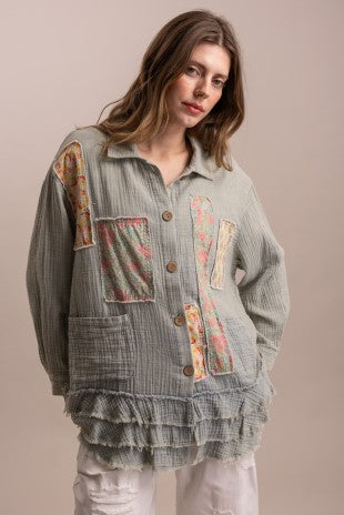 Patchwork Ruffle Hem Button Up Shirt