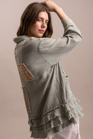 Patchwork Ruffle Hem Button Up Shirt