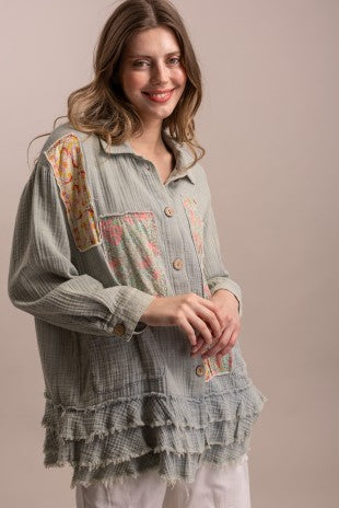 Patchwork Ruffle Hem Button Up Shirt