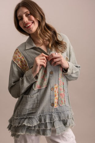 Patchwork Ruffle Hem Button Up Shirt