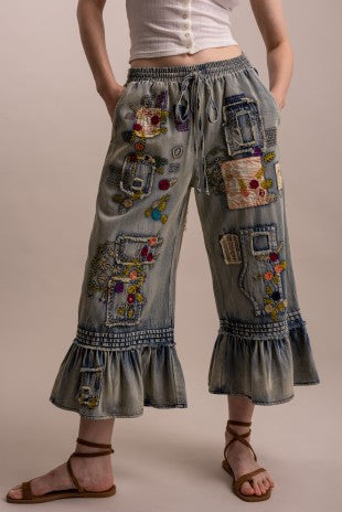 Embroidery Patchwork Ruffle Hem Cropped Pants