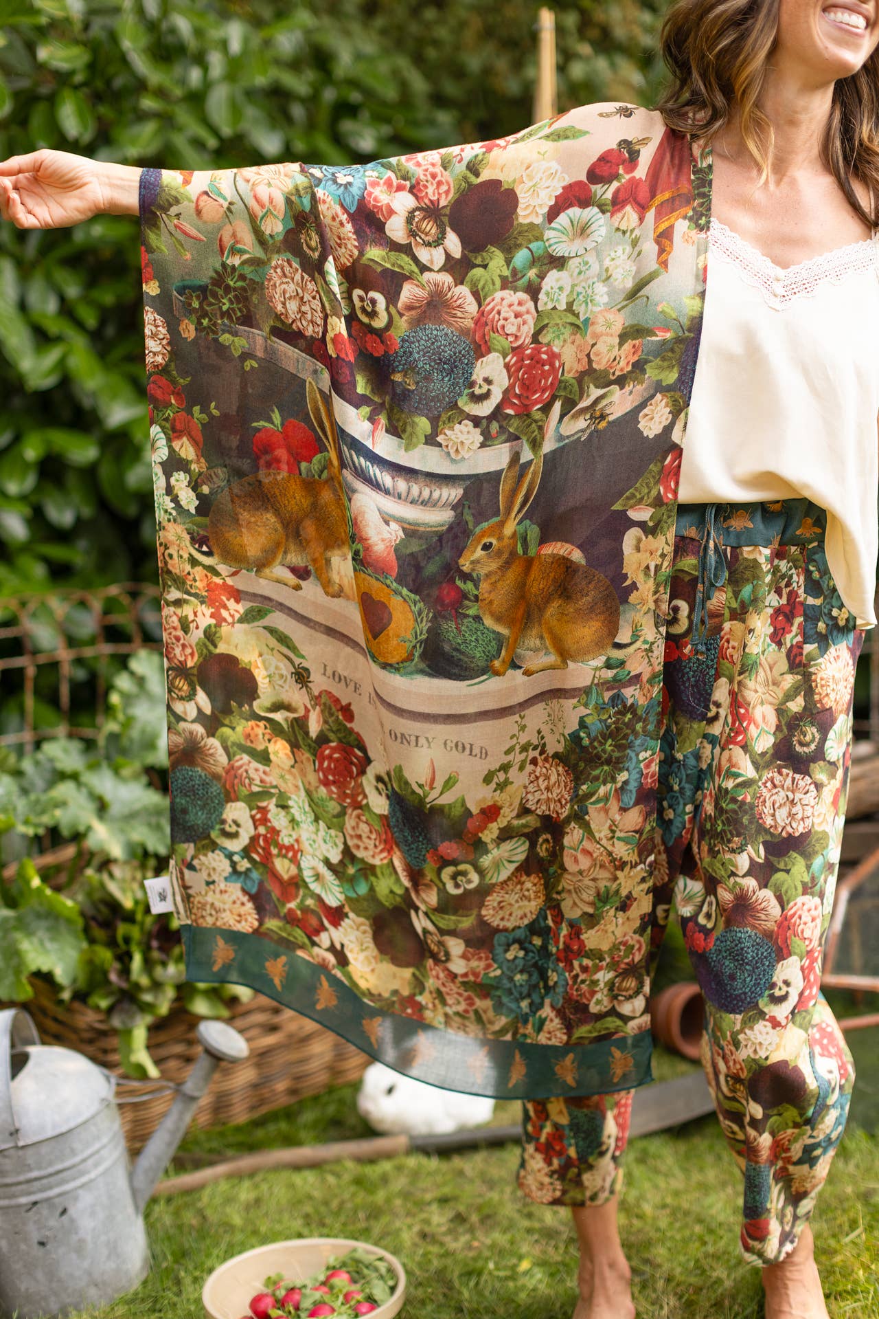 Stay Gold Scarf with Rabbits, Bees and Flowers