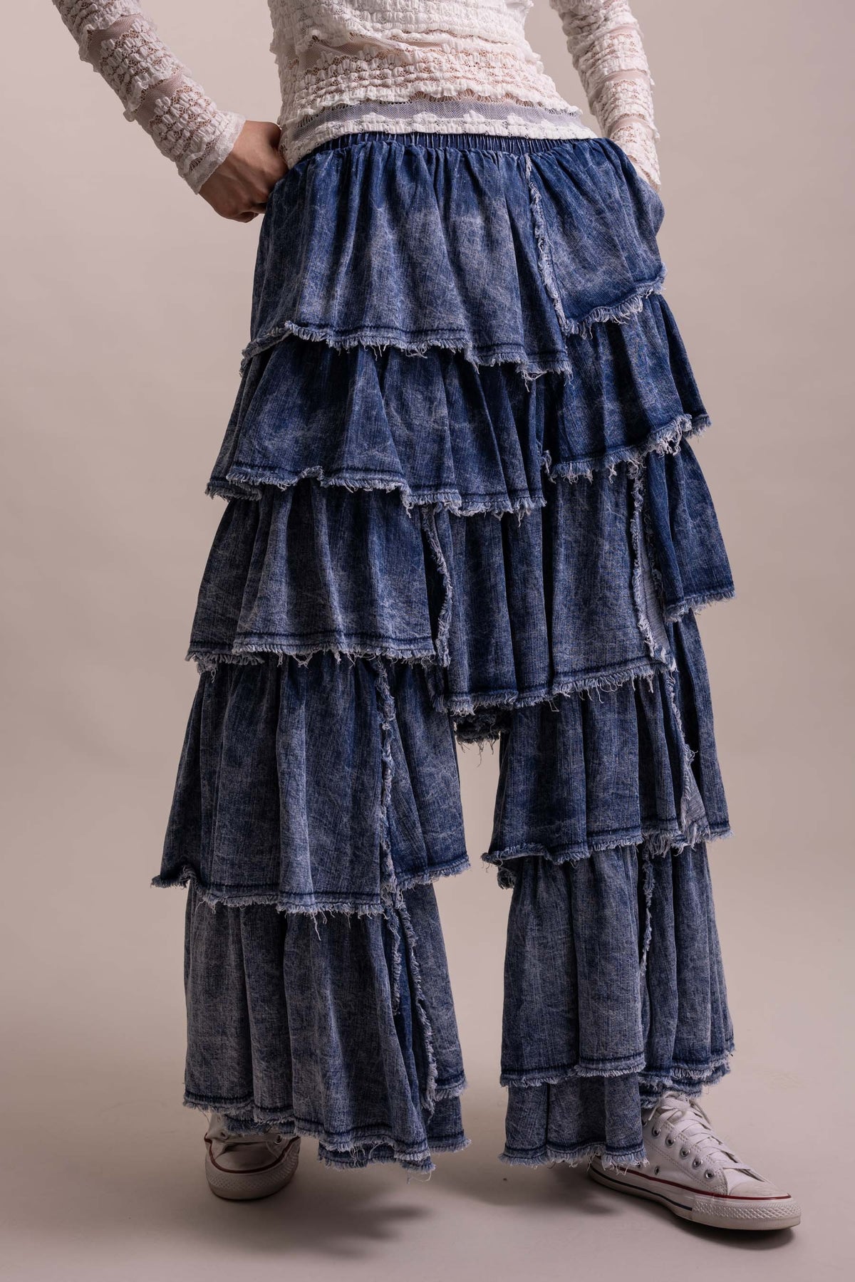 Elastic Waist Tiered Ruffle Pants