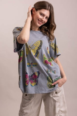Short Sleeve Round Neck Butterfly Print Oversized Shirt