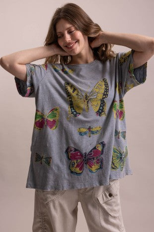 Short Sleeve Round Neck Butterfly Print Oversized Shirt