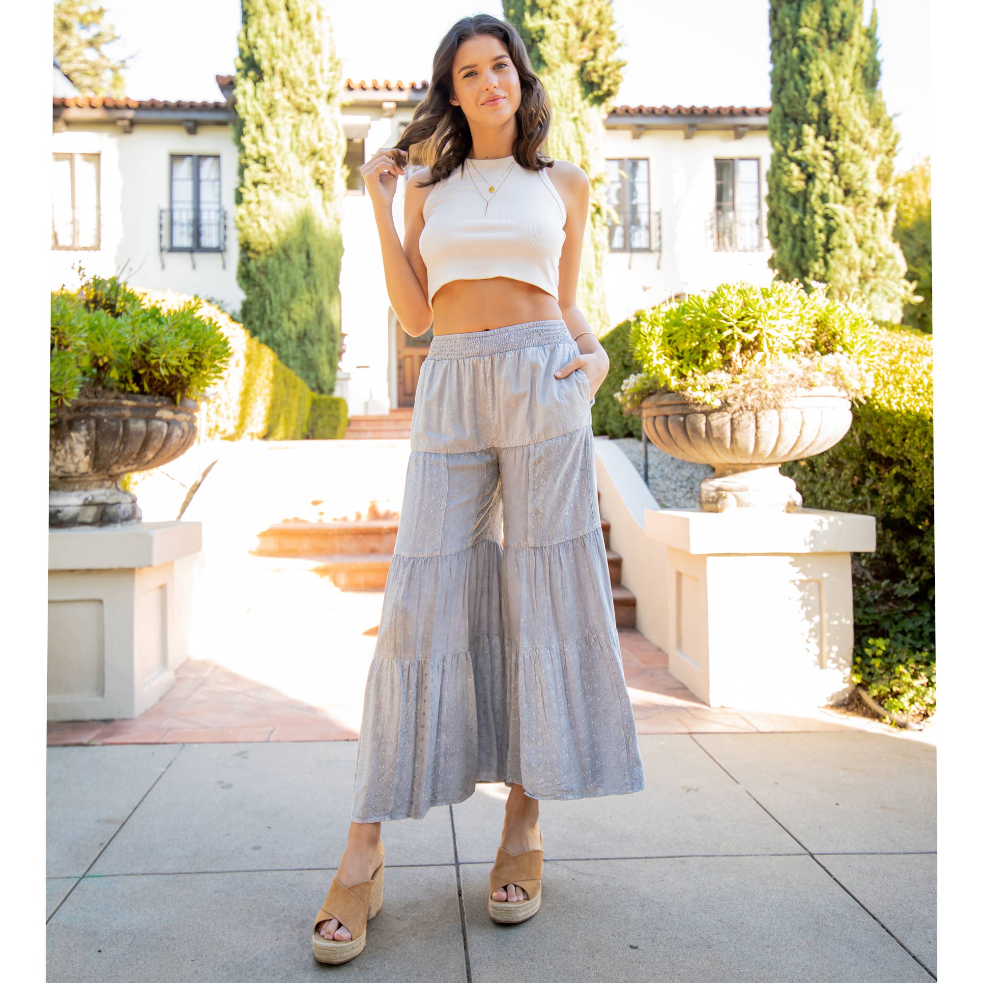 Embroidered Patchwork Tiered Flared Pants