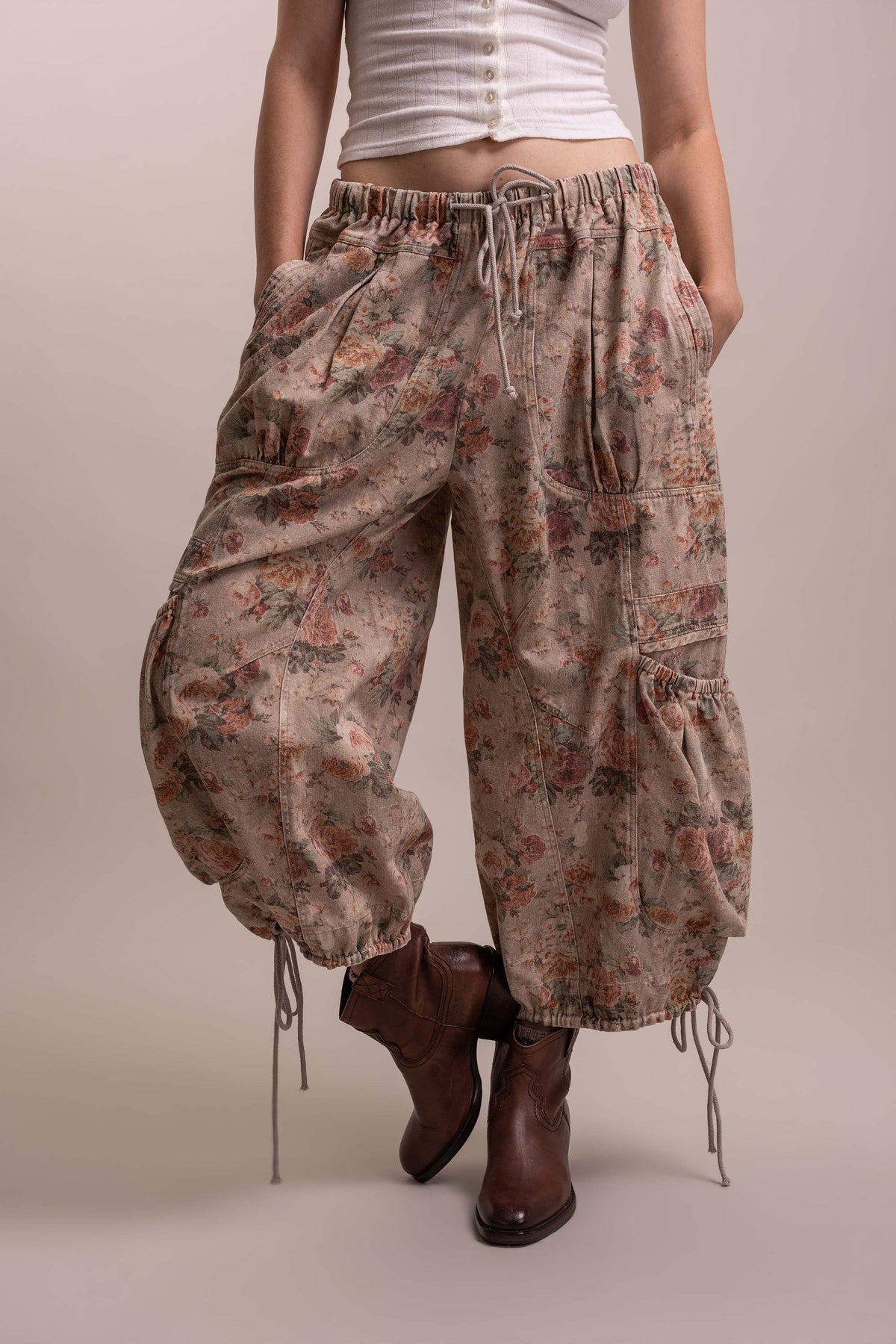 Floral Print Parachute Wide Leg Cargo Pants