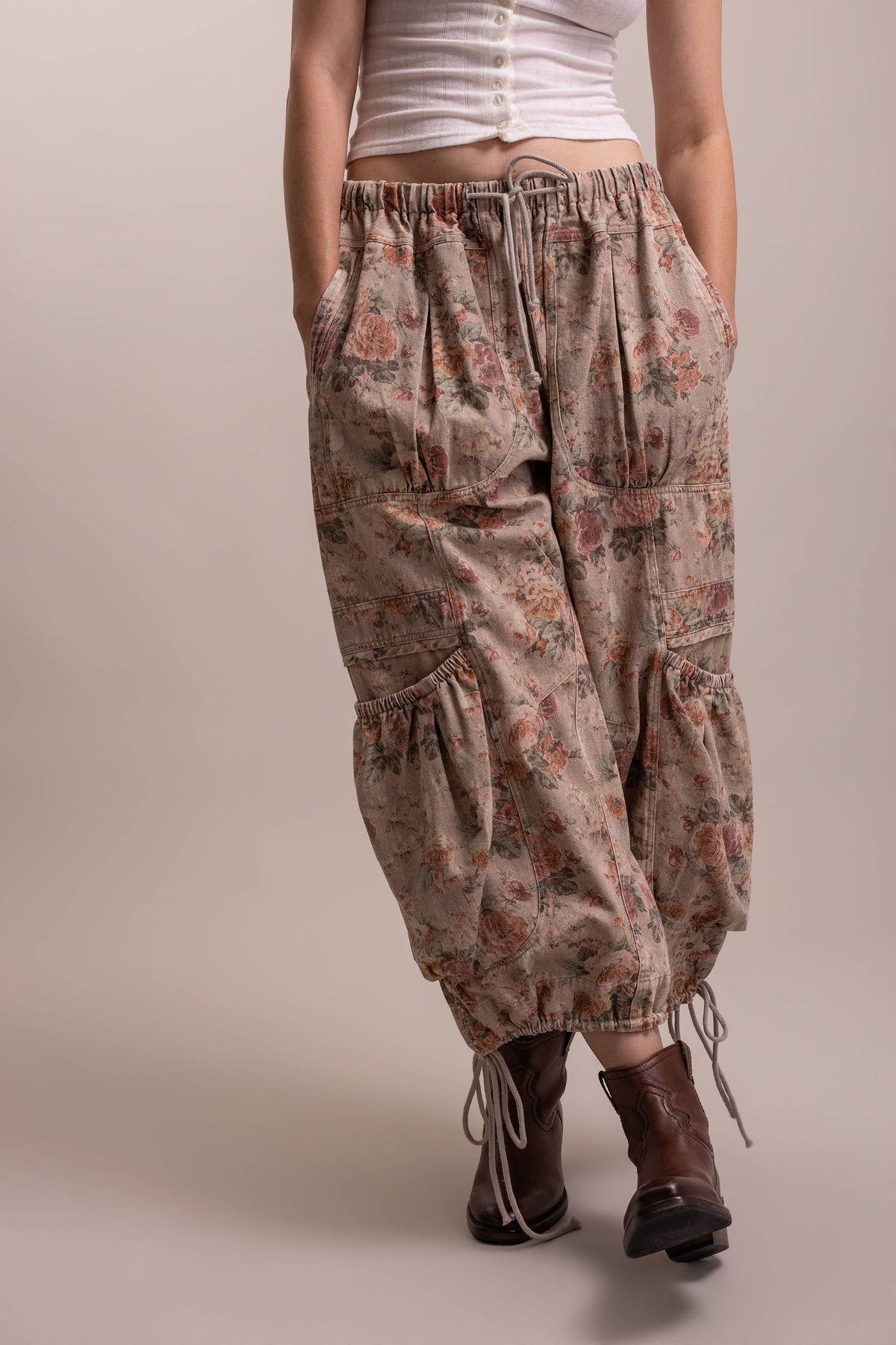 Floral Print Parachute Wide Leg Cargo Pants