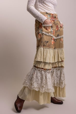 Pre-Order December Flower Print Multi Fabric Tiered Ruffle Pants