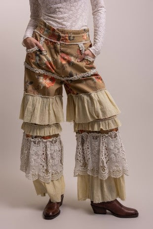 Pre-Order December Flower Print Multi Fabric Tiered Ruffle Pants