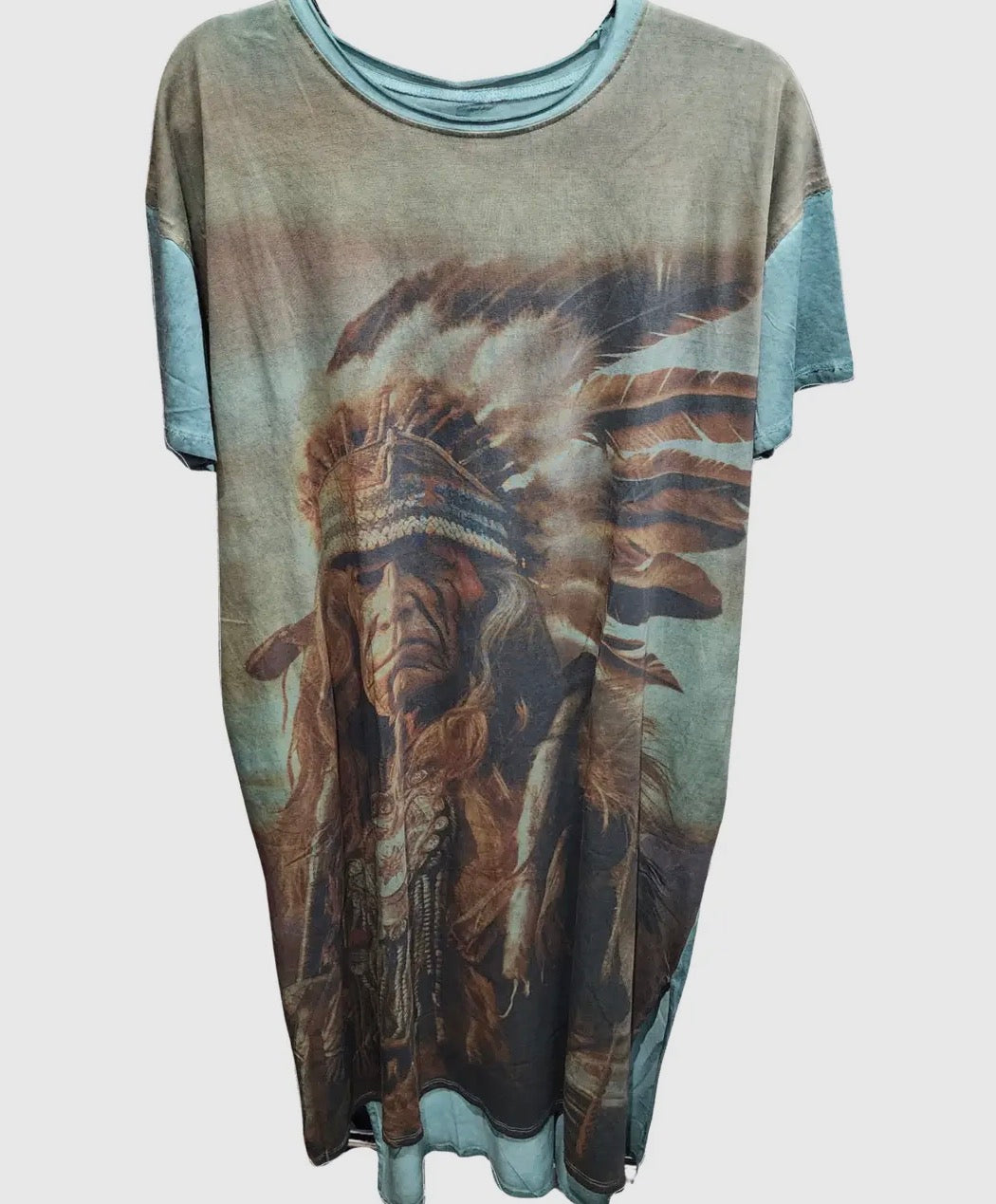T-Shirt Dress with Print of Indian Warrior in Brown