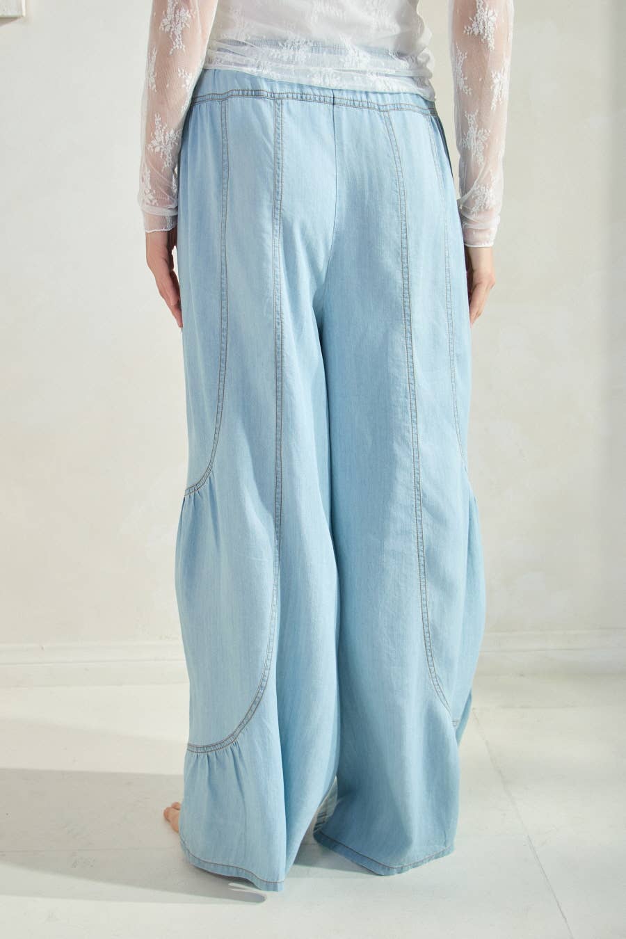 Chambray Denim Wide Palazzo Pants: Washed Dark Chambray