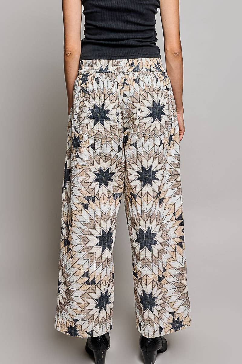 Elasticized Back Waistband Geometric Star Wide Leg Pants
