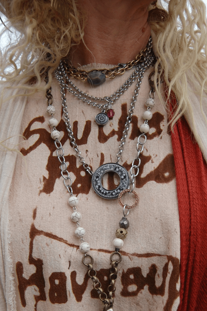 3 Chain Open Circle Necklace in Grey Black Flower - ivyandlavyboutique Spirit Lala