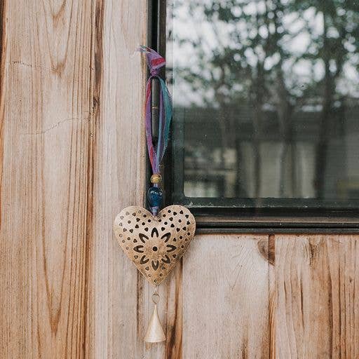 Chakshu Heart Bell Wind Chime Upcycled Sari - Handmade Decor