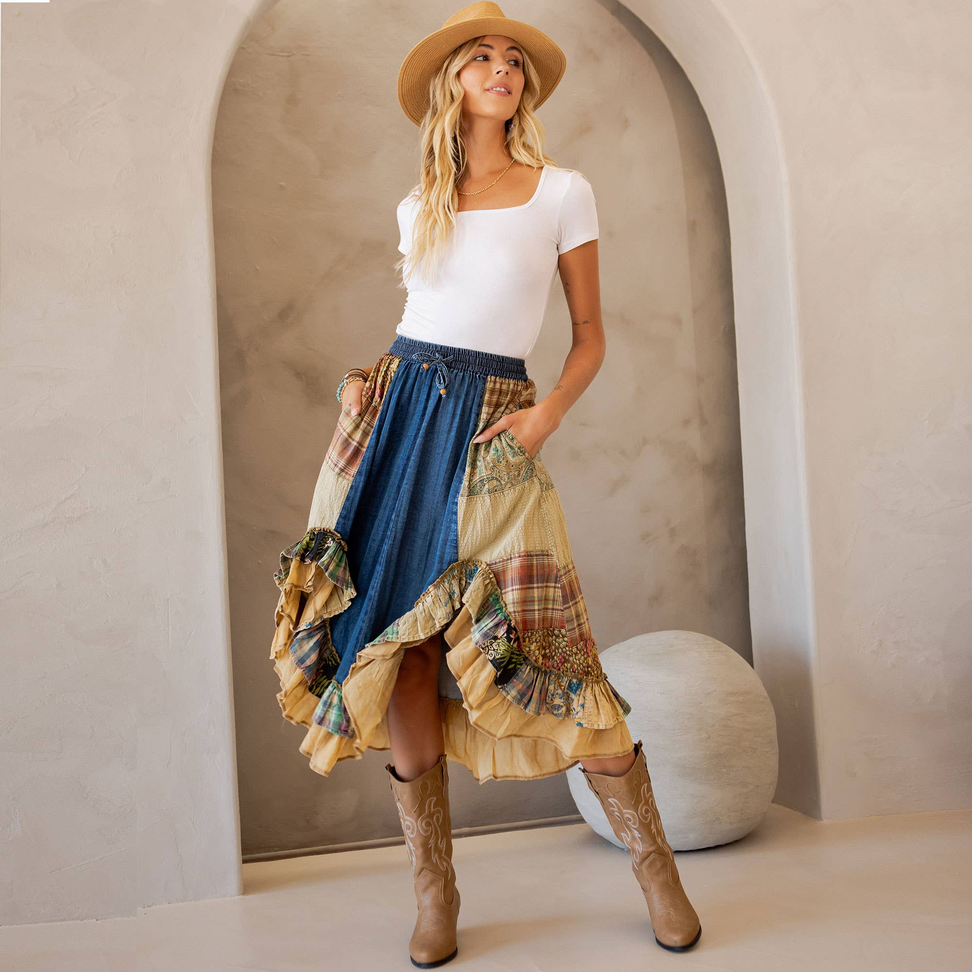 Western Boho Chic Patchwork Midi