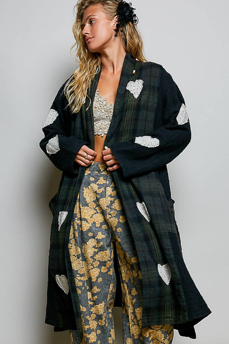 Plaid Textured Lace Heart Patch Woven Open Front Coat