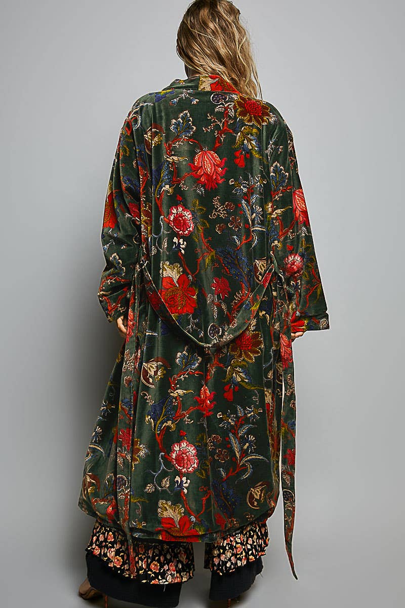 Full Length Self Tie Belt Kimono Style Robe Velvet Jacket in Green