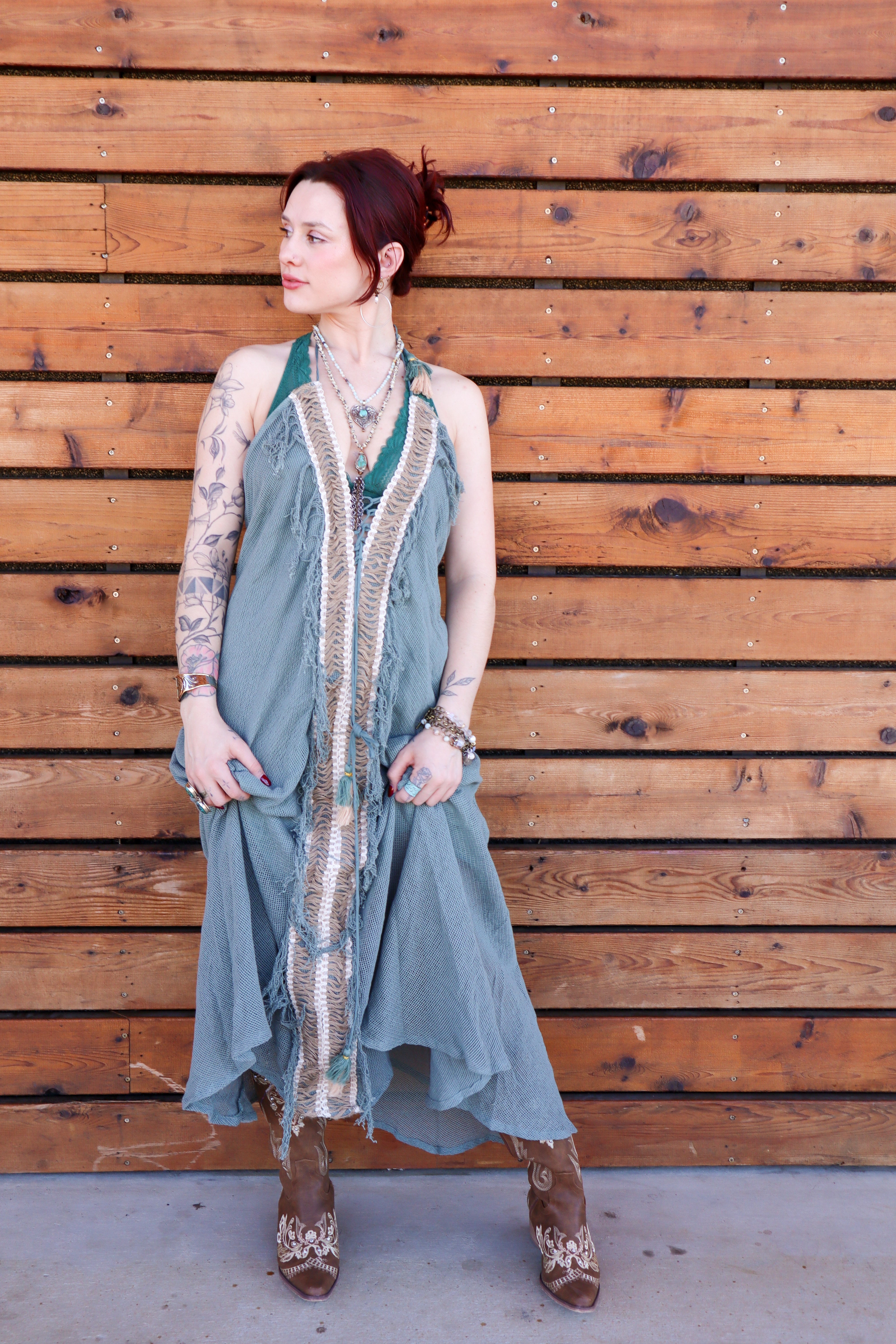 Summer Sunshine Beached Mesh Cotton Tie Neck Maxi w/ Open Back