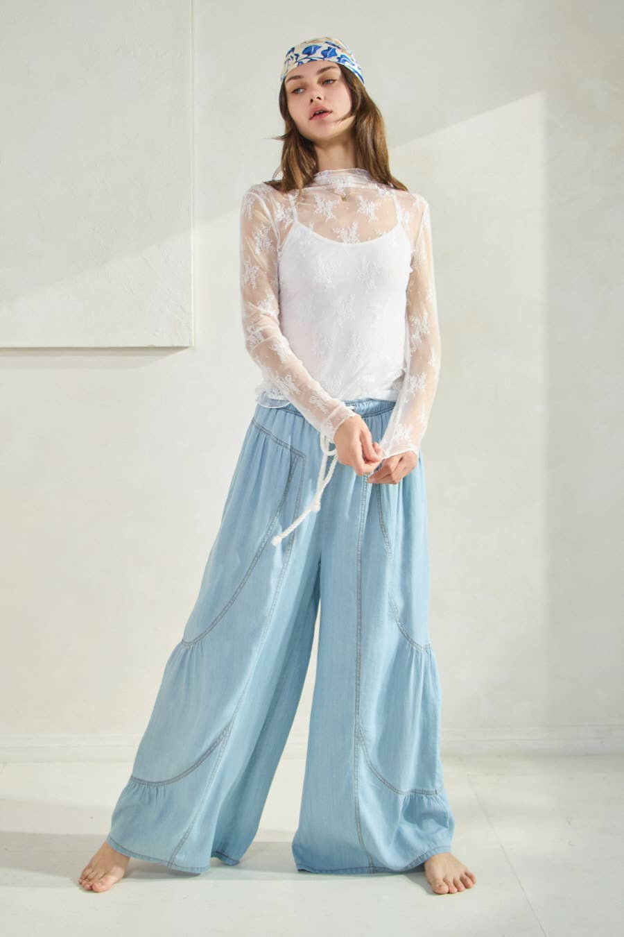 Chambray Denim Wide Palazzo Pants: Washed Dark Chambray