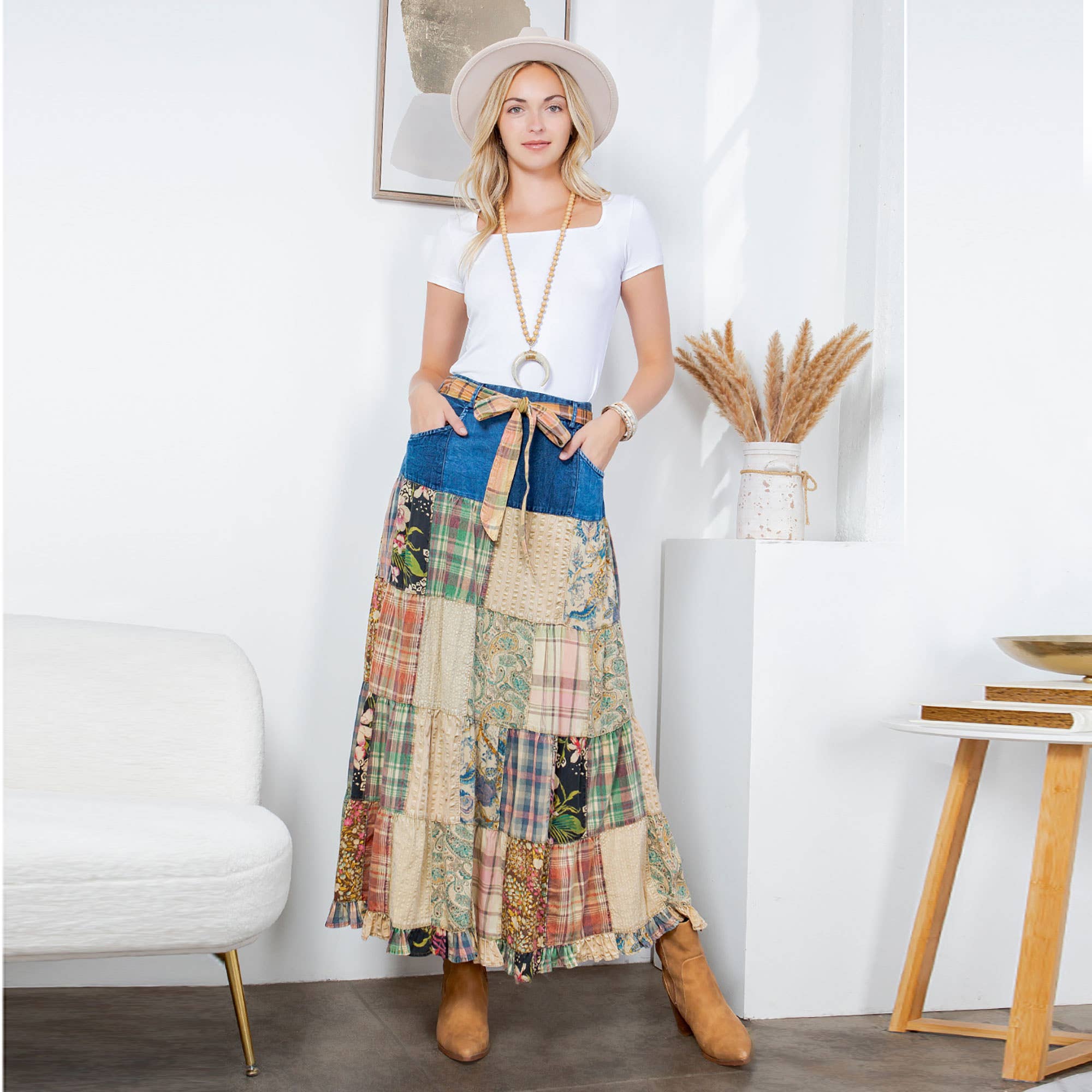 Betsys Western Boho Chic: Patchwork Belted Skirt