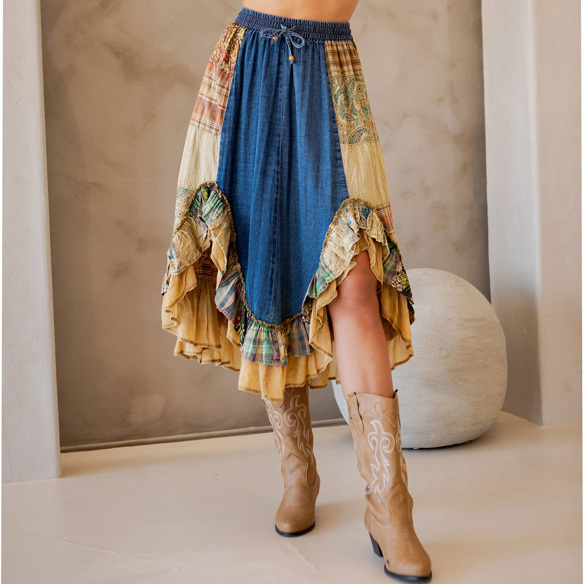 Western Boho Chic Patchwork Midi
