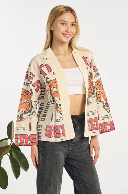 Eye of The Tiger Printed Cropped Cardigan Summer Jacket