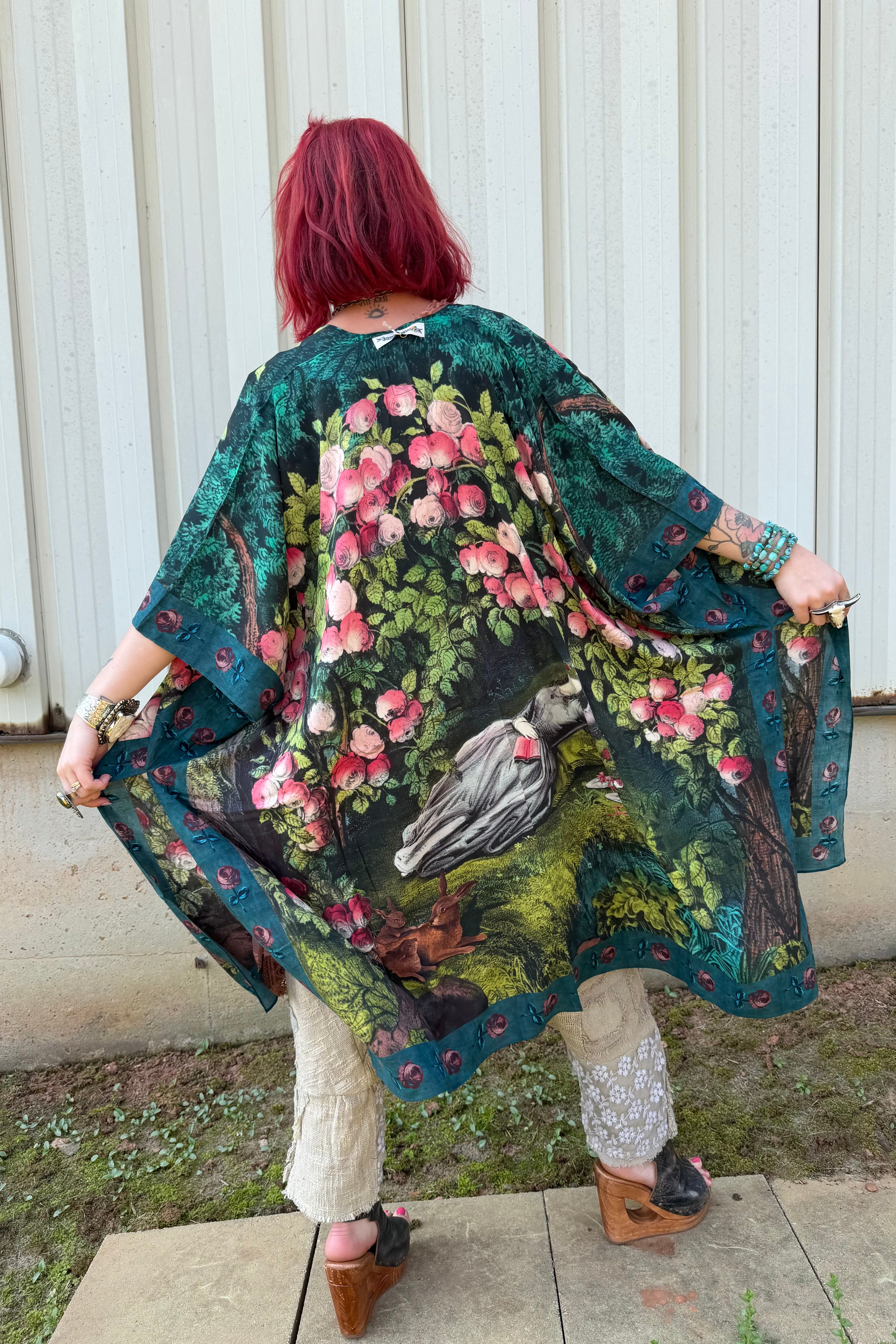 FINAL SALE The Daydreamer Goddess Duster Kimono w/ Roses & Rabbits