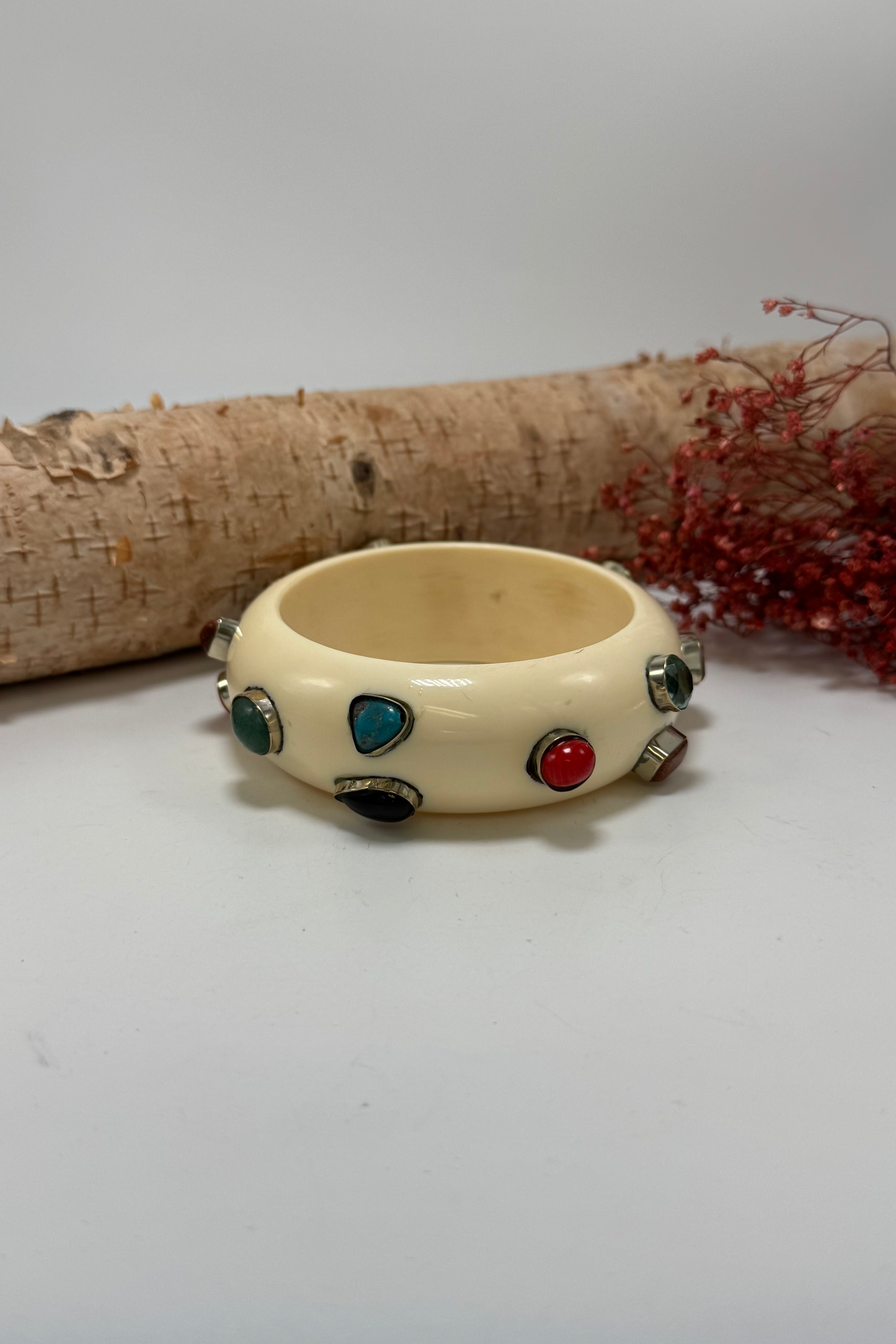 Statement Bangle in Cream w/ Multicolored Stones